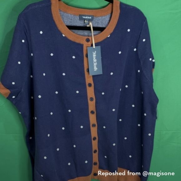 Modcloth Sweaters - NWT ModCloth blue with white polkadot, brown trim short sleeve cardigan sweater
